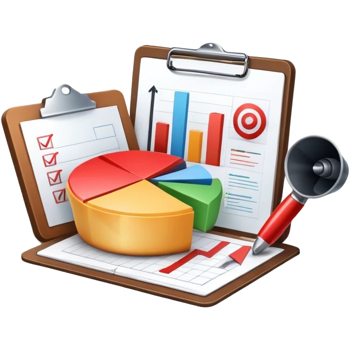 An icon featuring a pie chart, a clipboard with a checklist, and a megaphone, symbolizing management and marketing. The design includes upward-trending graphs and a target with an arrow, representing strategy and success. Transparent background highlights business organization and promotion. emoji