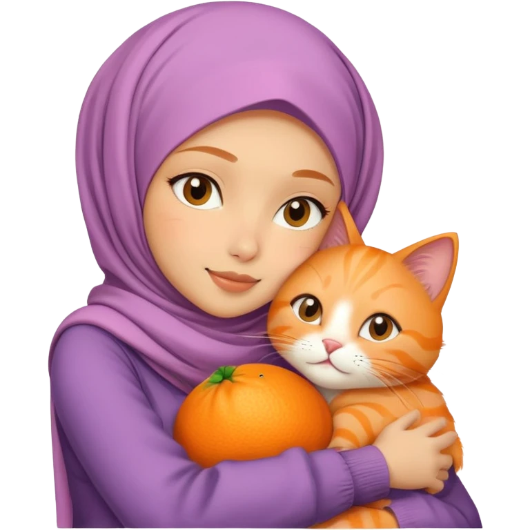 Hijabi girl hugs orange cat emoji