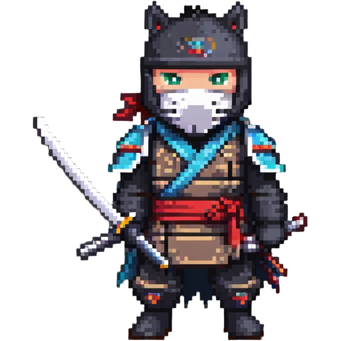 Horse wearing ninja mask and outfit, wielding a katana emoji