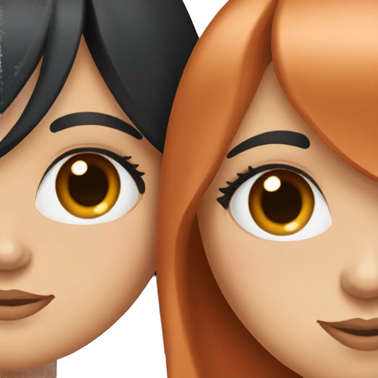 Girl with long black hair, long eyelashes and blue eyes taking picture with girl who had light copper red hair, blue eyes and long eye lashes emoji