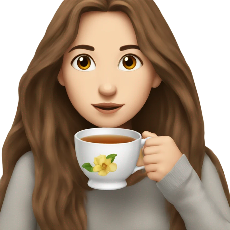 Girl sipping tea with long and brown hair and with body emoji