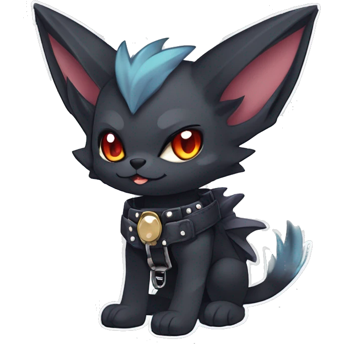 cool punk kawaii anime edgy distinguished elegant beautiful fantasy black ethereal nargacuga-bat-zorua-sphynx-Quiana-Fakemon collar harness with big fangs full body emoji
