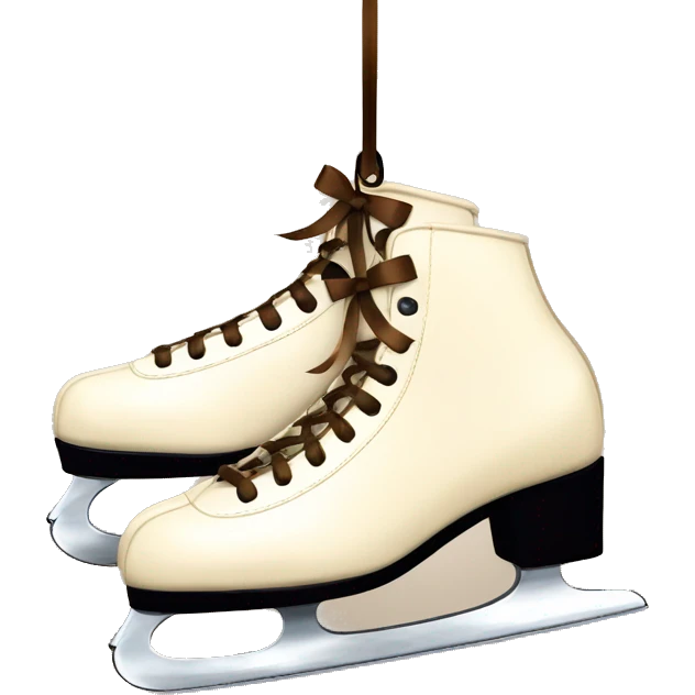 Cream color pair of ice skates hanging from a brown bow emoji