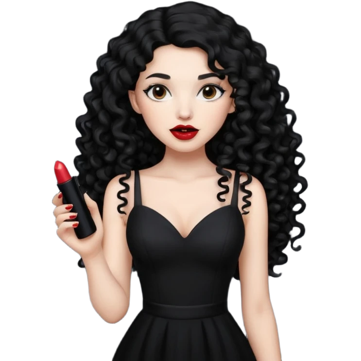 long black curly hair with white skin black dress and lipstick emoji