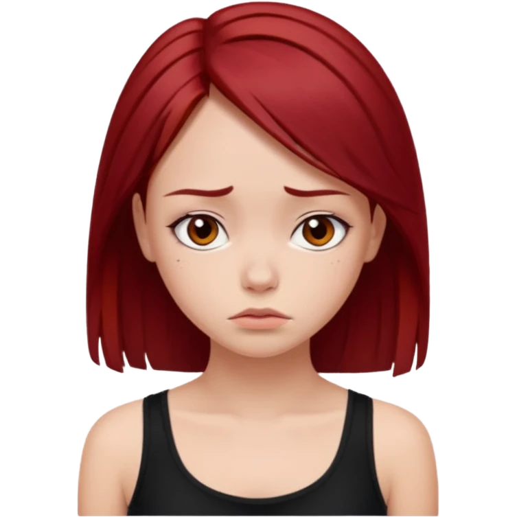 a pretty bratz fair girl with dark red straight hair, black cami top, looking sad emoji
