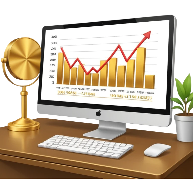 Mach mir einen schreibtisch mit einem bildschirm drauf wo mann einen Chart sieht von Gold emoji