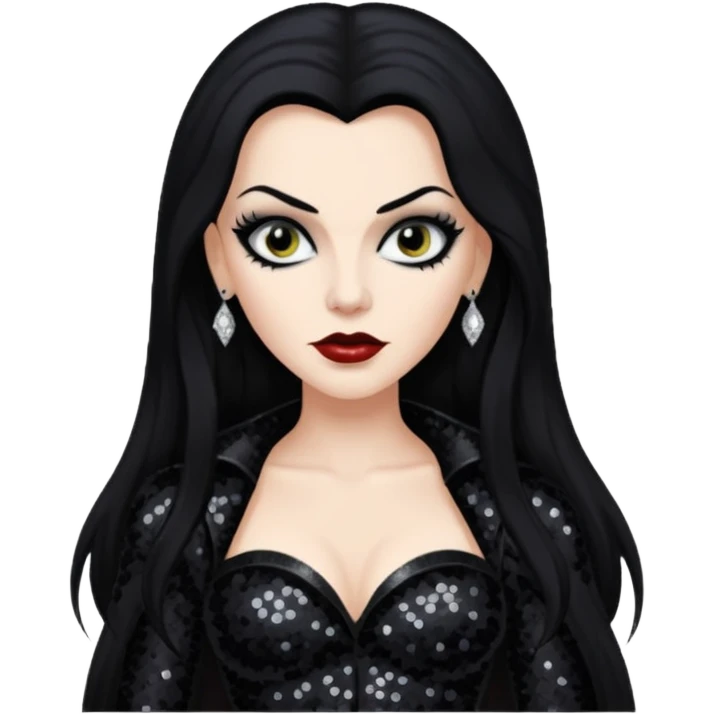 Vampira with long black hair, black sequin outfit emoji