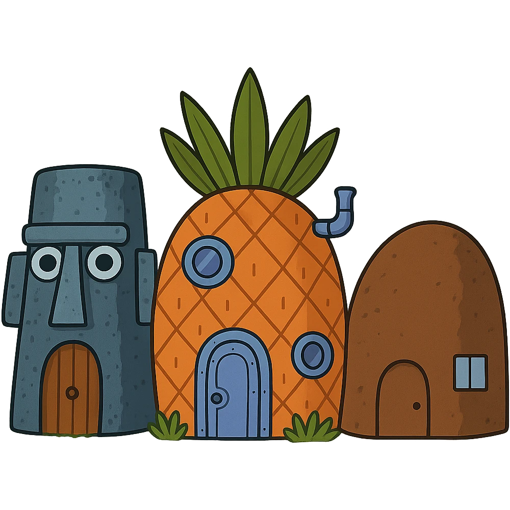 Make all three houses more detailed, keep only the houses, no characters, with a transparent background, cartoon style in flat toon style. emoji