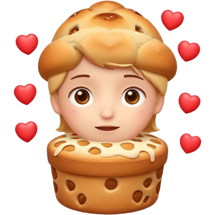Apple-style emoji illustration of a cuteperson  with dreamy eyes thinking of a traditional panettone, small hearts floating around, soft 3D emoji style, smooth gradients, rounded shapes, warm festive colors, simple expression, centered composition, transparent background, no text. emoji