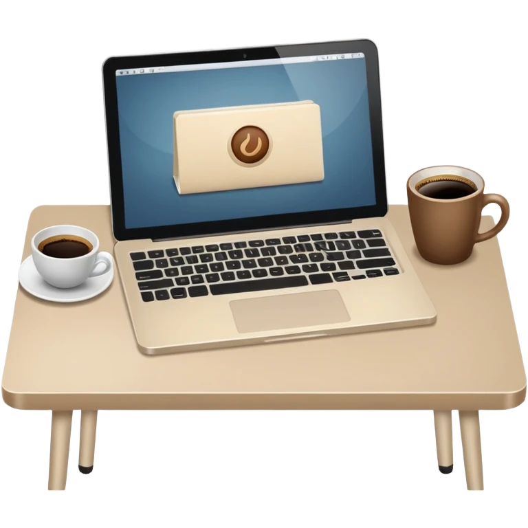 Laptop on the rectangular beige table, coffee and notebook emoji