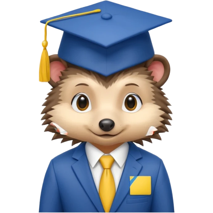 A hedgehog student in a suit in the color of the Ukrainian flag in a square academic cap emoji