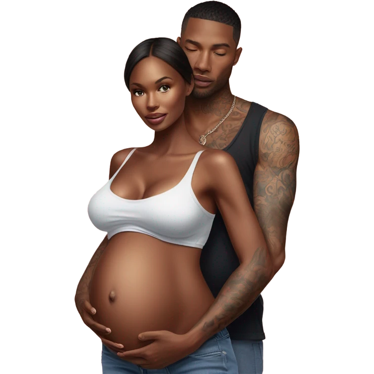 Photo of a Victoria secret model pregnant with a tattooed male model with his hand on her stomach  emoji