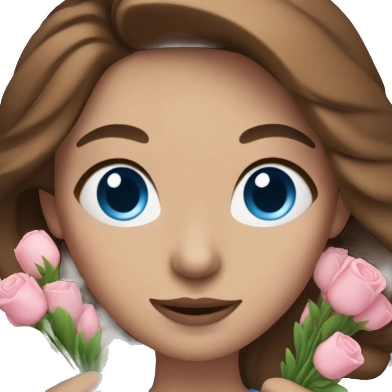 woman with blue eyes brown hair and pink bouquet in the hand emoji