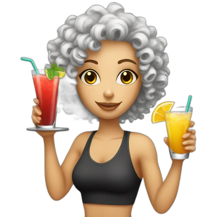 Curly haired white female personal trainer drinking cocktail emoji
