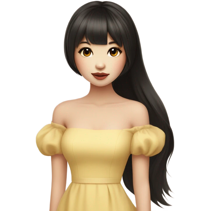 Asian girl , long dark hair with bangs side bangs, off shoulder Pale Yellow dress with puffy sleeve,warm toned Doll like makeup emoji
