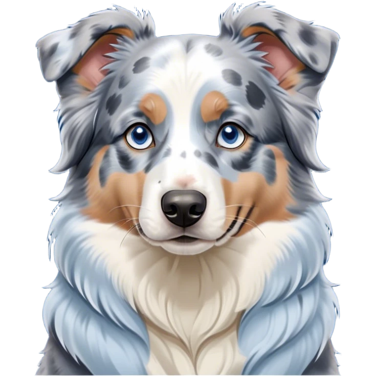 Cinematic Noble Blue Merle and White Australian Shepherd Portrait Emoji, Poised and regal, with a strong, agile build and a well-groomed blue merle coat accented by crisp white markings, piercing blue eyes, Simplified yet sharp and sophisticated features, highly detailed, glowing with a soft, dignified glow, high shine, intelligent and loyal, stylized with an air of strength, focused and attentive, soft glowing outline, capturing the essence of a watchful and confident herder, so majestic it feels as though it could step out of the screen with effortless authority! emoji