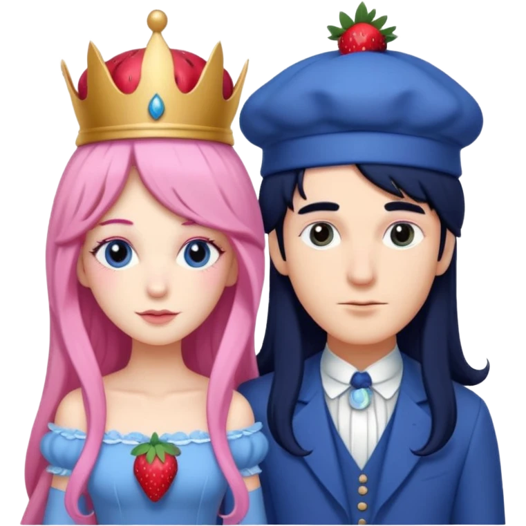 pale blueberry prince man. Handsome with long black hair blueberry hat and clothes next to pale strawberry princess woman with strawberry hat eyelashes long pink hair and Pink strawberry dress emoji