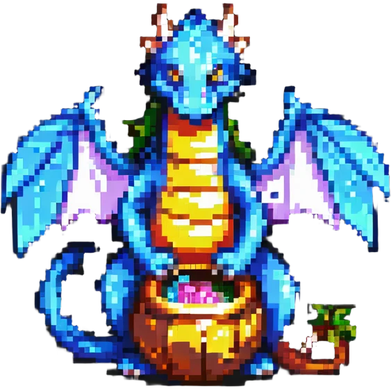 pixel art dragon curled around treasure emoji