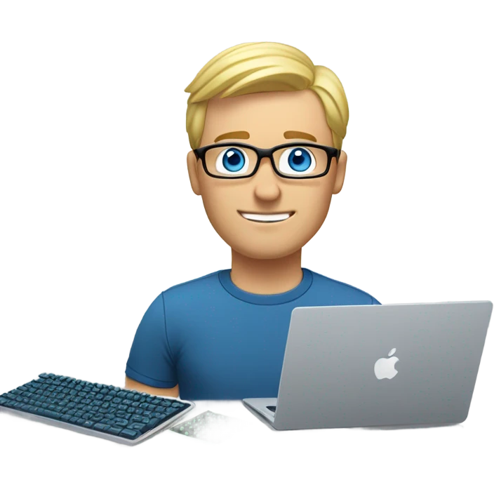 man looks 35 classes, european, tech nerd love , blue shirt blond short hair, blue eyes with specs behind macbook on with electronics pcb on the desk emoji