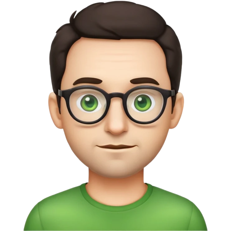 simple male emoji with poofier slightly curly dark hair, big ears, pale skin, glasses, green eyes, light stubble emoji