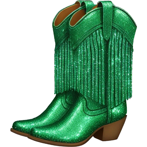 Realistic emerald green fashion cowgirl boots with sparkly shiny glitter fringe on them. emoji