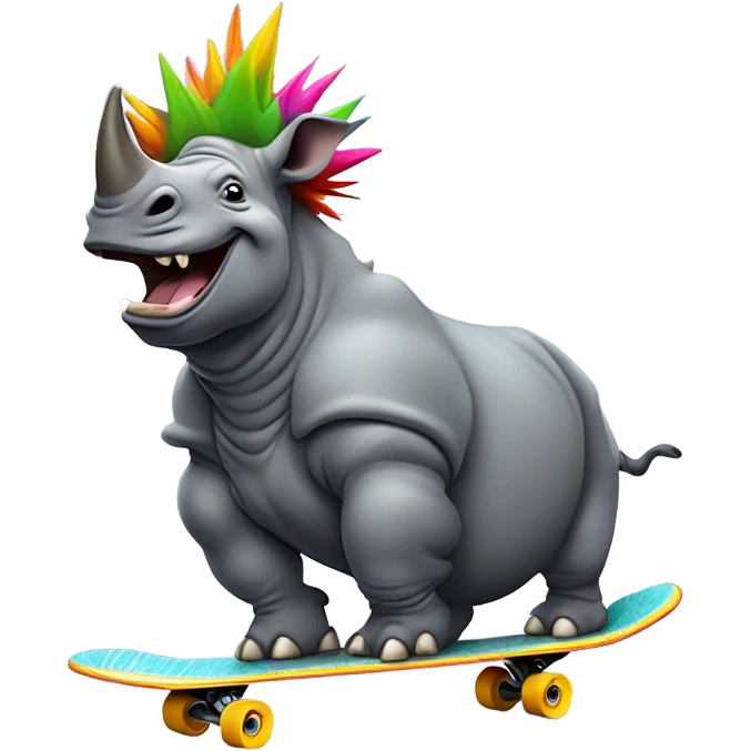 a rhino with ￼crazy hair on a skateboard  emoji