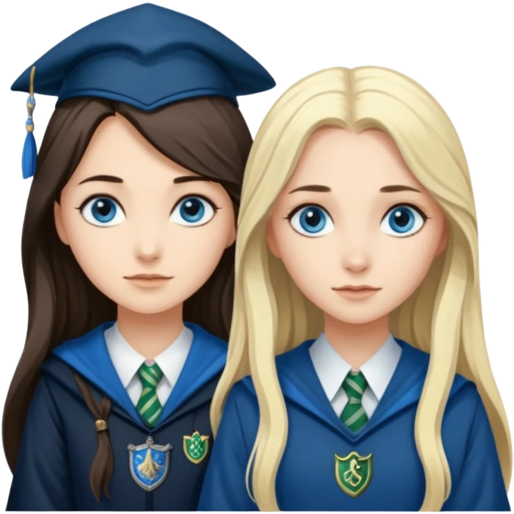 a pretty ravenclaw girl with long dark brown hair and blue eyes standing with a pretty Slytherin girl with long blonde hair, blue eyes emoji