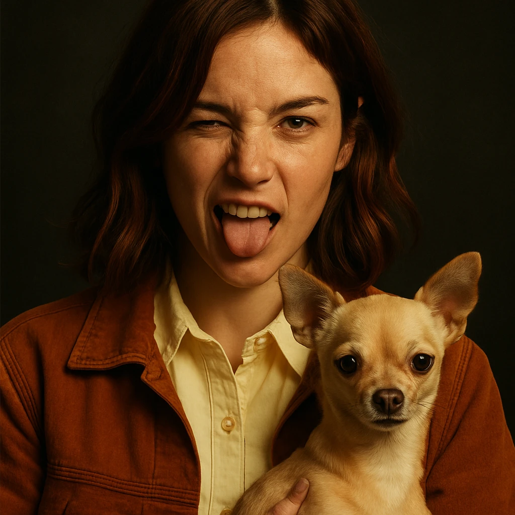 Portrait style Netflix poster of a woman with tanned skin, subtle freckles, wearing a pale yellow shirt color #FFF8CA, rust-colored jacket, medium-length brown hair with auburn highlights, rebellious and playful expression, holding a beige-brown chihuahua, dark background. emoji