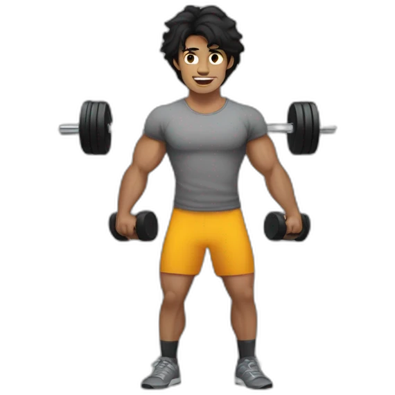a man with grey tshirt with gym weights, black hair, medium long messy hair emoji