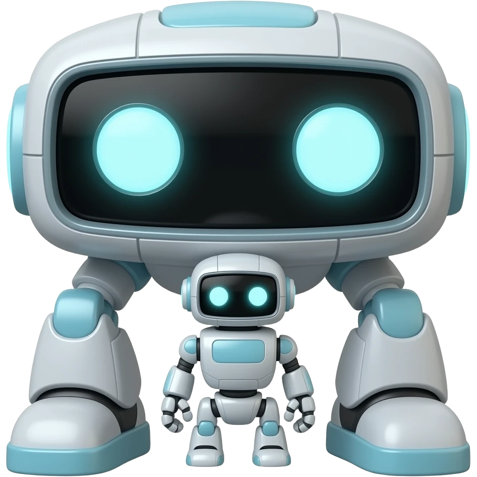 A platform with 2 legs facing forward with glowing white eyes and with no arms and also big carrying a tiny robot also made of plastic emoji