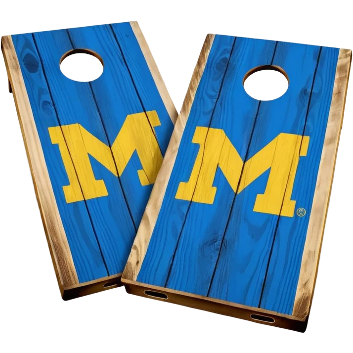 Cornhole board blue and yellow with Michigan “M” emoji