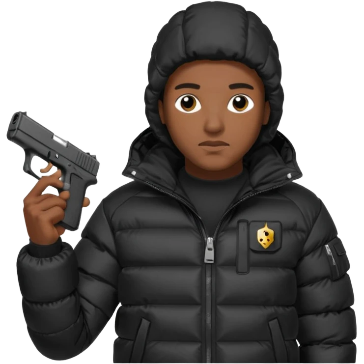 african american wearing a black puffer jacket with the hood on and holding a glock 26 emoji