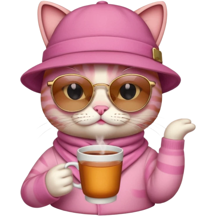 Pink cat with hat, holding cup of tea, wearing sunglasses emoji