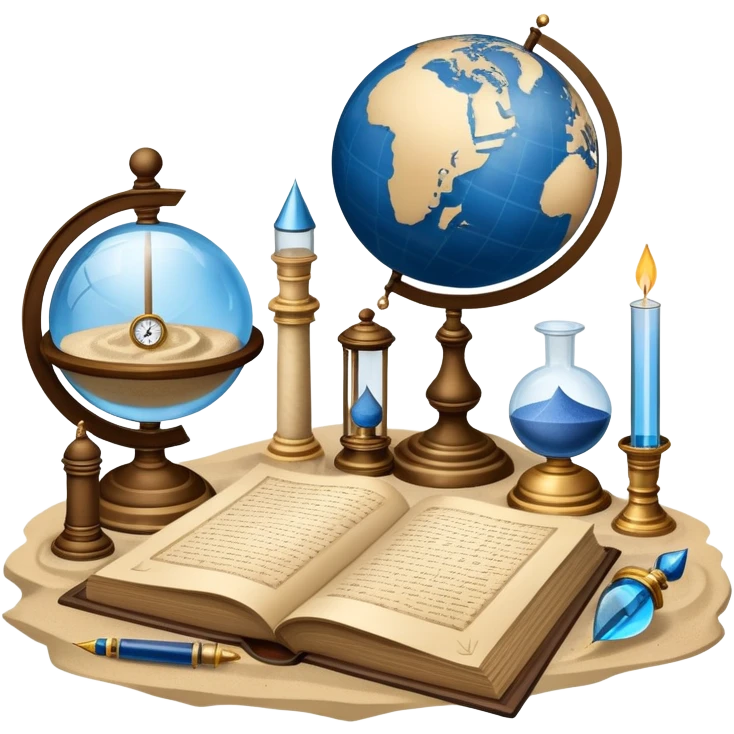 An icon featuring ancient scrolls, a quill pen, and large, old-fashioned sand clocks, symbolizing the study of history. The design includes a globe and a timeline with significant historical events, set against ruins to evoke past civilizations. Transparent background highlights the passage of time. emoji