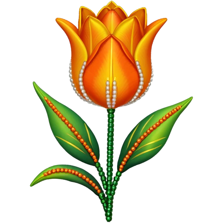 french beaded tulip, floral craft, sparkling glass beads, orange and yellow gradient petals, green foliage, realistic, elegant, no background emoji
