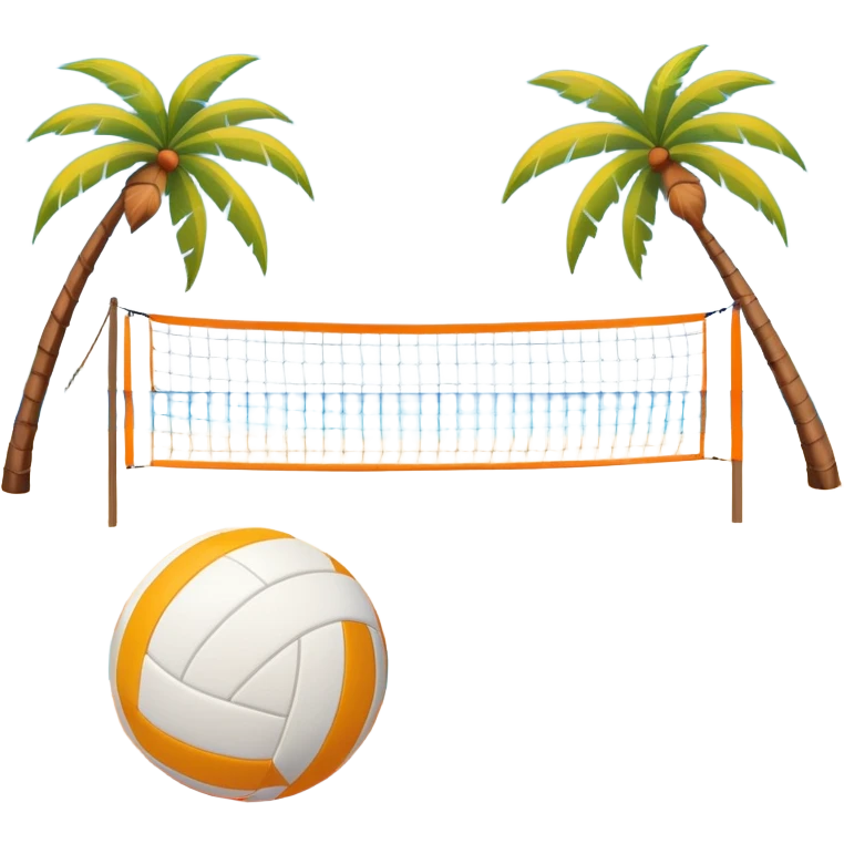 A volleyball resting on the orange sand ground of a beach, with a volleyball net in the background. The scene captures a sunny beach atmosphere with clear blue sea and sky, palm trees swaying, and people in swimsuits enjoying the vibrant surroundings emoji