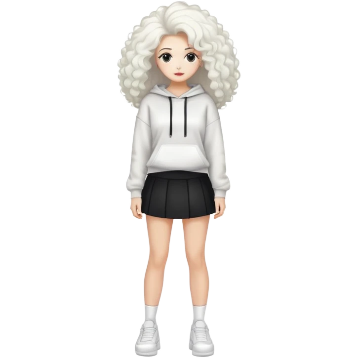 Female with slim hourglass figure, white big hair, wearing white sweatshirt, black skirt, and white shoes, full body pose emoji