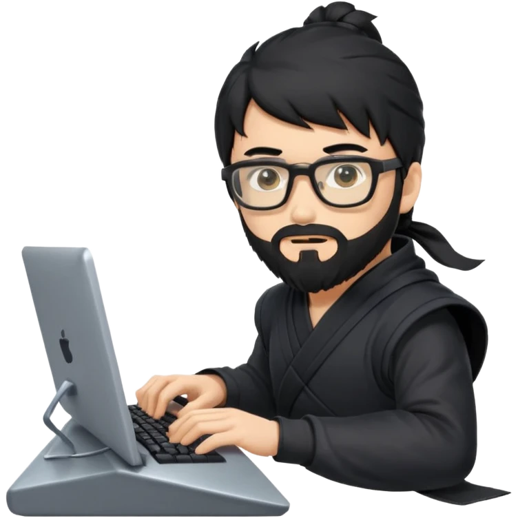Man with black hair and beard wearing glasses in a ninja costume typing on a computer keyboard emoji