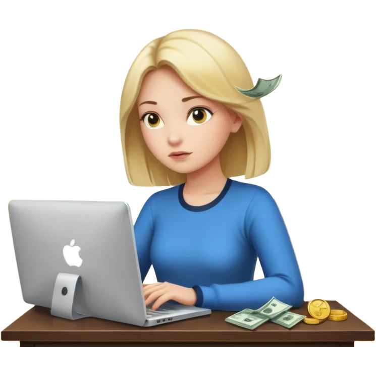 Girl who is trading options on her computer with $ signs in air emoji