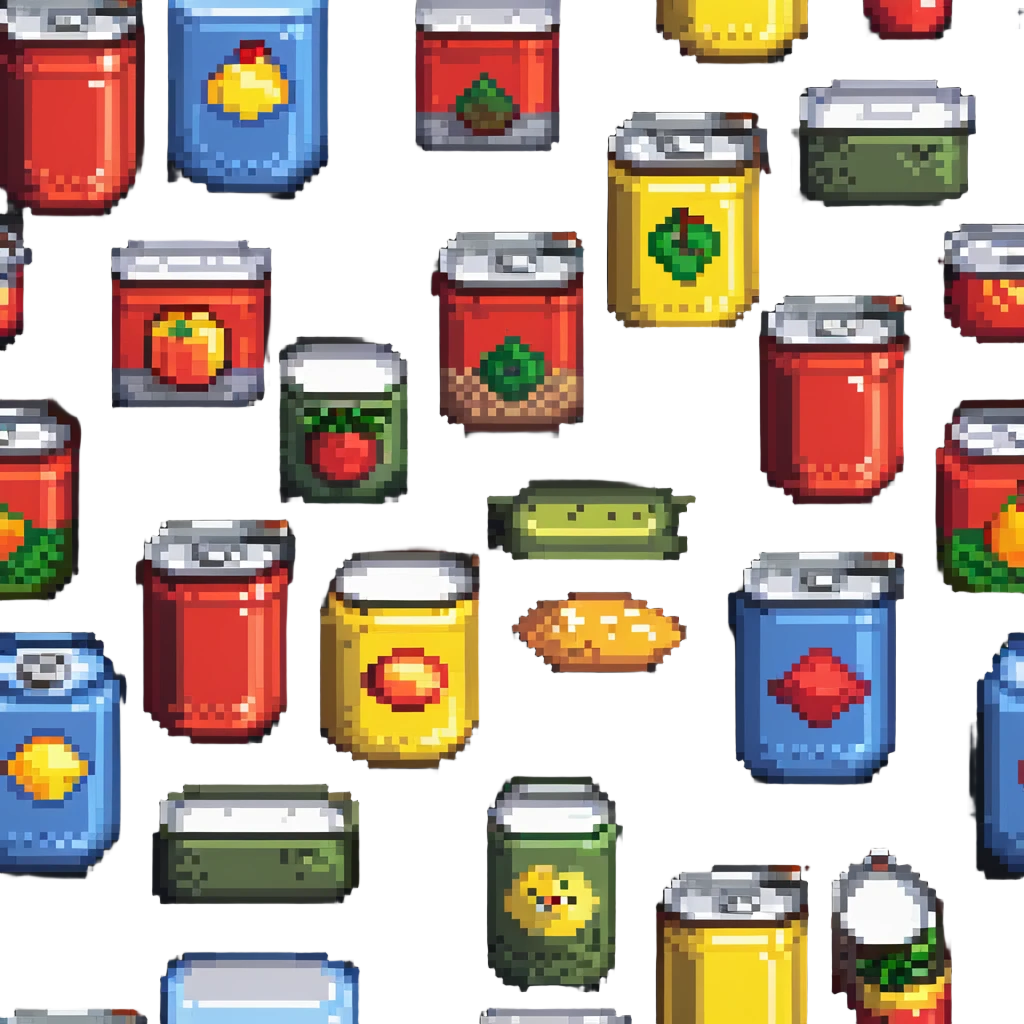 Four pixelated canned food items in a row, different colored cans emoji