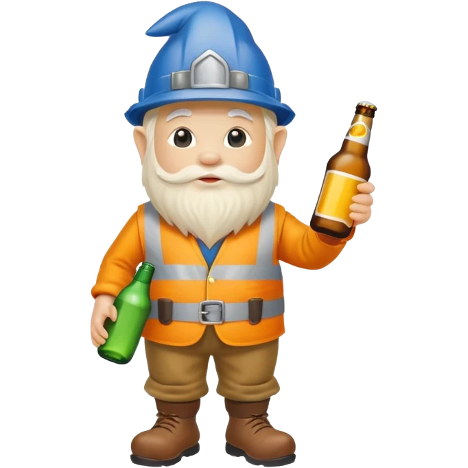 Garden gnome wearing construction clothes holding a bottle of beer emoji