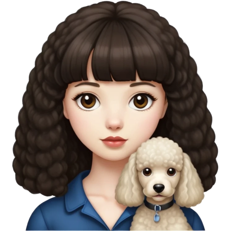 Girl with pale skin and waist length dark-brown hair with bangs, with dark brown eyes and plump lips. She had a standard poodle who is light blonde color. He doesn’t have a poodle haircut just natural hair  emoji