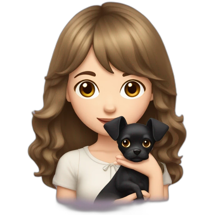 young girl with long wavy hair, short bangs, pale skin holding her little black chichuachua dog with big pointed ears emoji