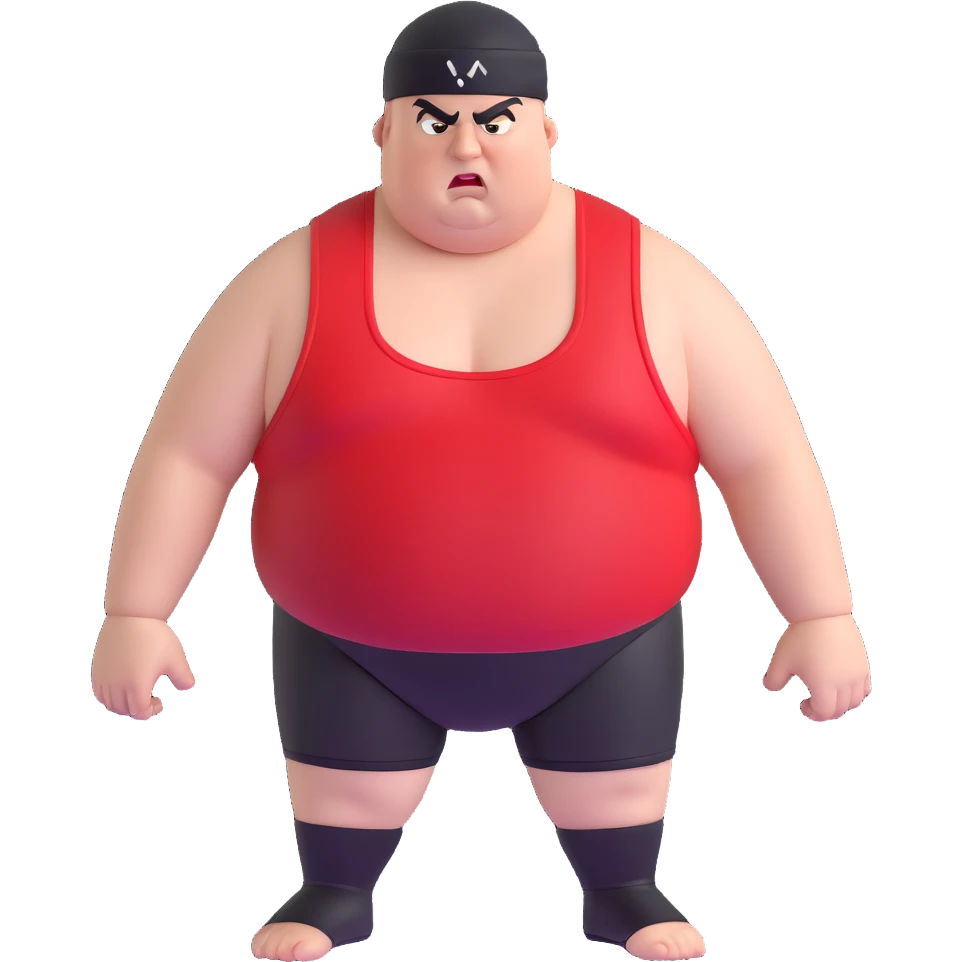 Close-up of white skin fat guy with young face, no muscle with prominent black durag, completely shaved face, no beard or mustache, black eyes in a red and black wrestling singlet with angry face emoji