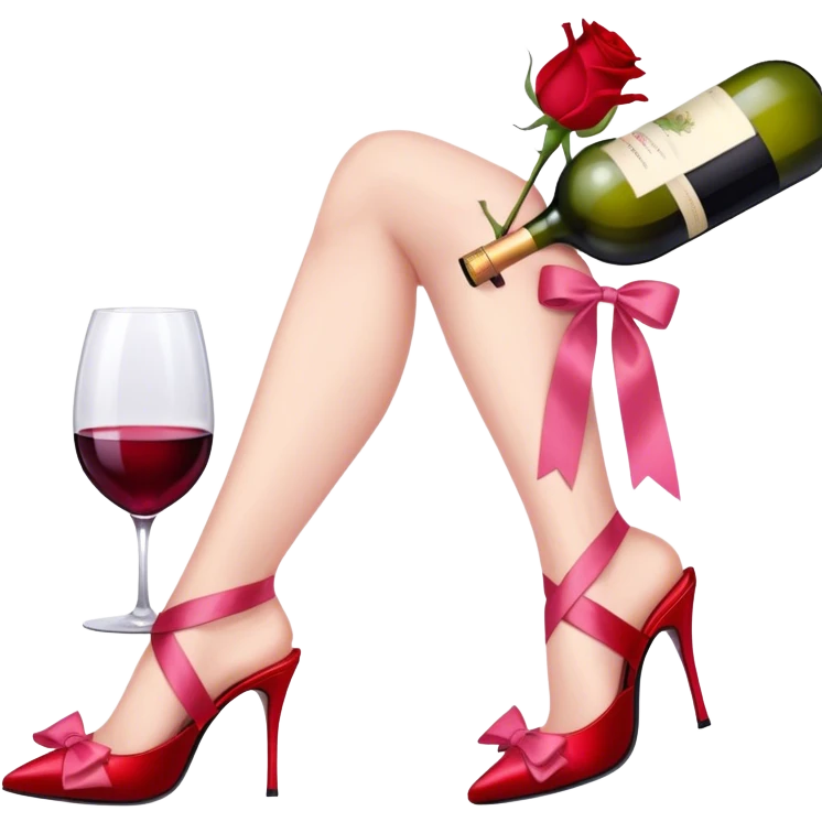 Beautiful scarlet roses wrapped in pink ribbon and next to them red heels and a glass of wine emoji