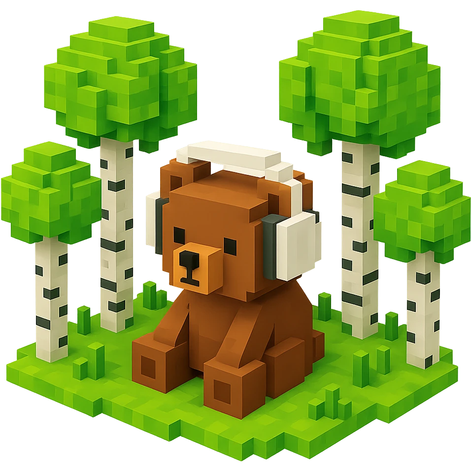 березовый лес, в котором сидит бурый медвежонок в белых наушниках (наушники должны закрывать уши медведя), no background  emoji