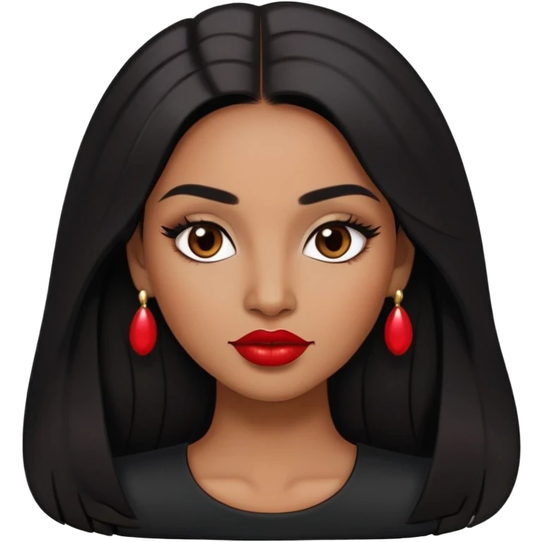 Woman with rich brown skin tone, oval face, elegant features, dark brown eyes, arched eyebrows, red lipstick, long black hair, wearing a black top emoji