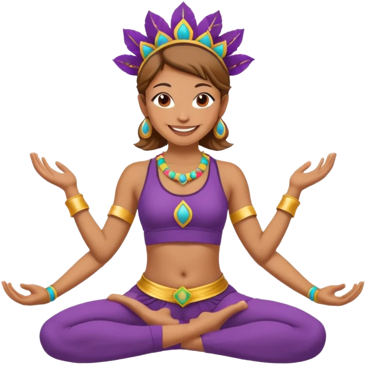 Uma pessoa em posição de yoga vestida de carnaval fantasiado emoji