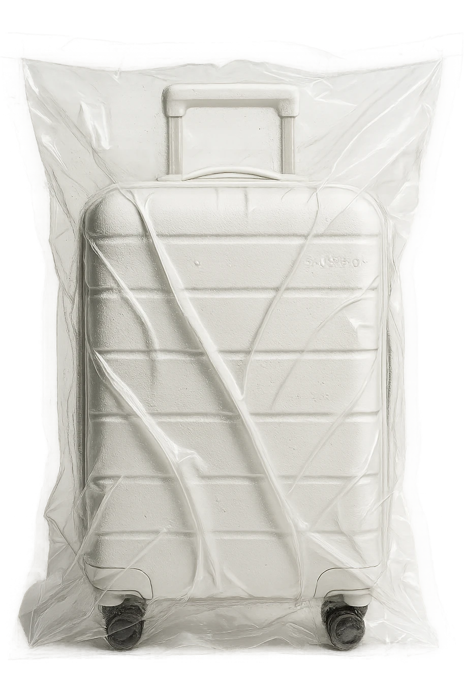 white suitcase on wheels, vacuum sealed style, with handle, soft shadows and highlights, pure white color, transparent background, no decoration emoji