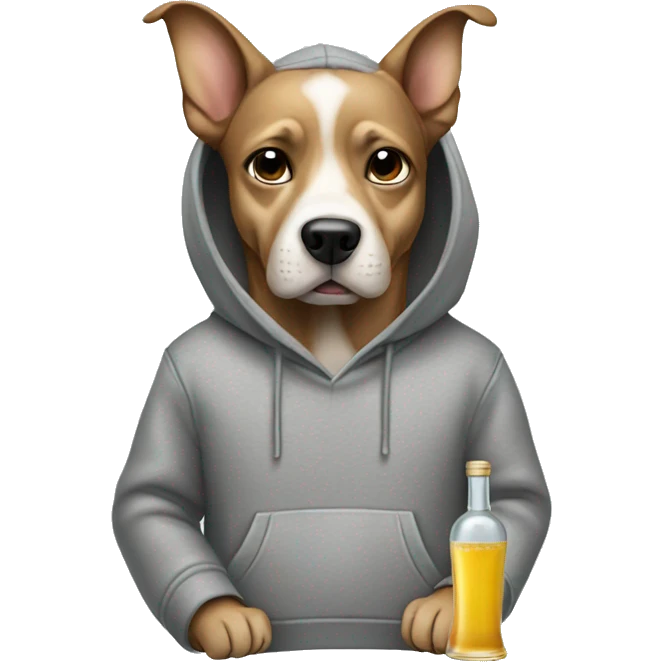 Dog wearing a grey hoodie holding a tequila bottle emoji